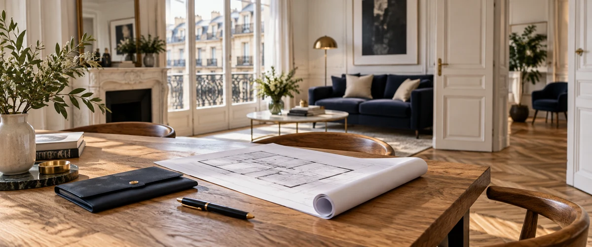 Plans d’appartement et dossier sur une table dans un intérieur lumineux