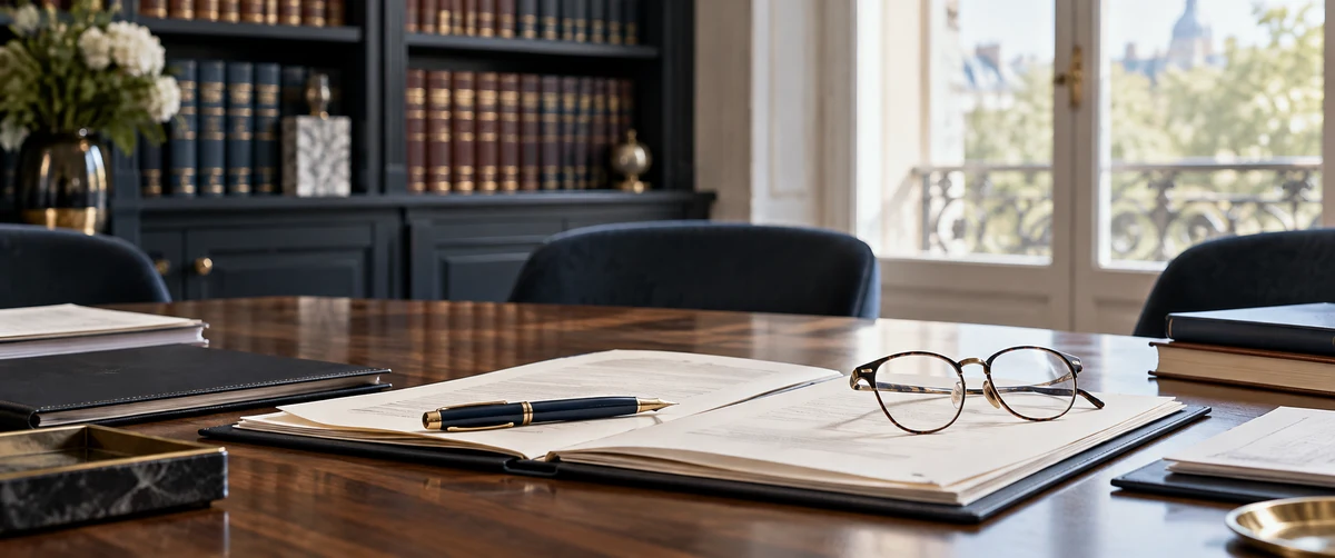 Dossier ouvert, stylo et lunettes sur une table devant une bibliothèque