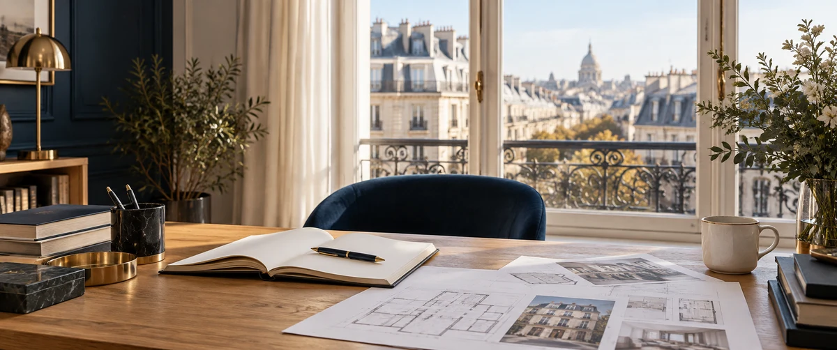 Carnet et plans immobiliers sur un bureau devant une fenêtre parisienne