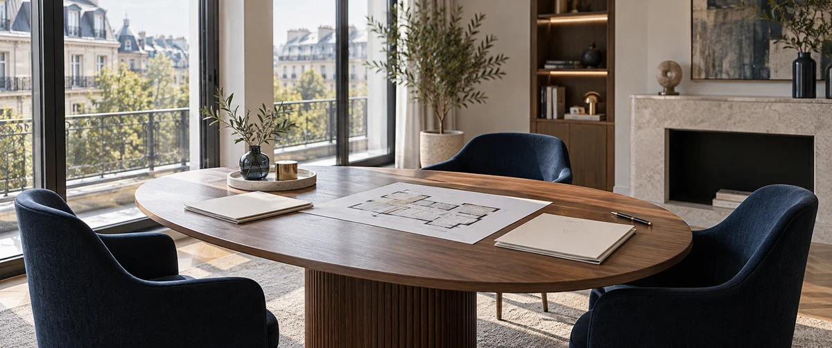 Trois fauteuils autour d’une table de réunion avec des dossiers immobiliers