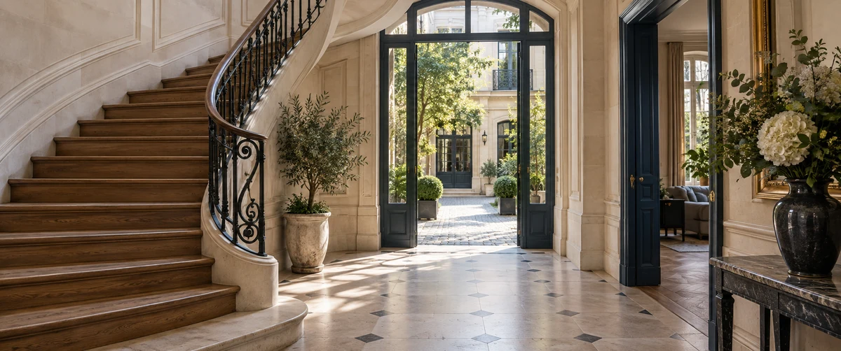 Hall et escalier d’un immeuble ancien ouvrant sur une cour lumineuse