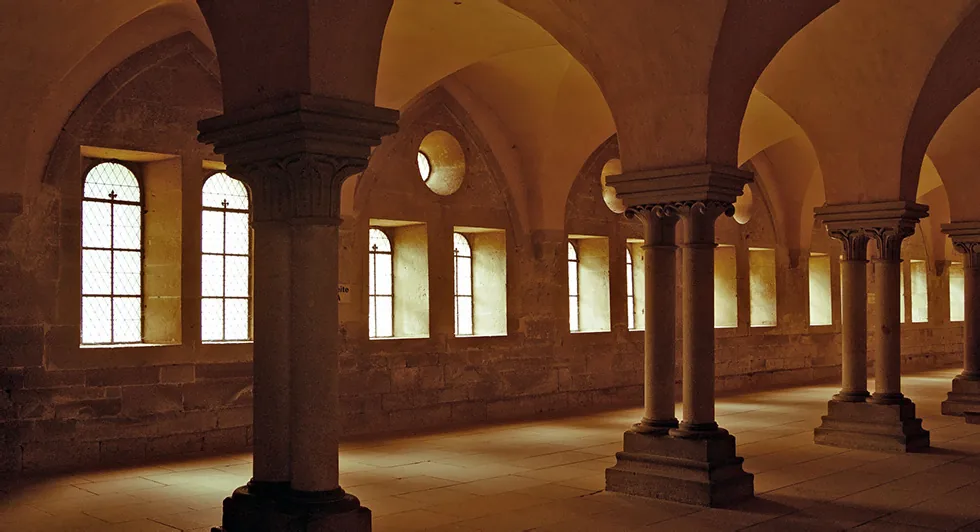 Architecture patrimoniale : voûtes et colonnes en pierre éclairées par la lumière naturelle